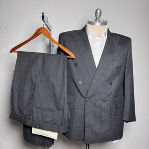 Custom Tailored Suit Mens 44S W38 Charcoal Grey Pinstripe Double Breasted Peak